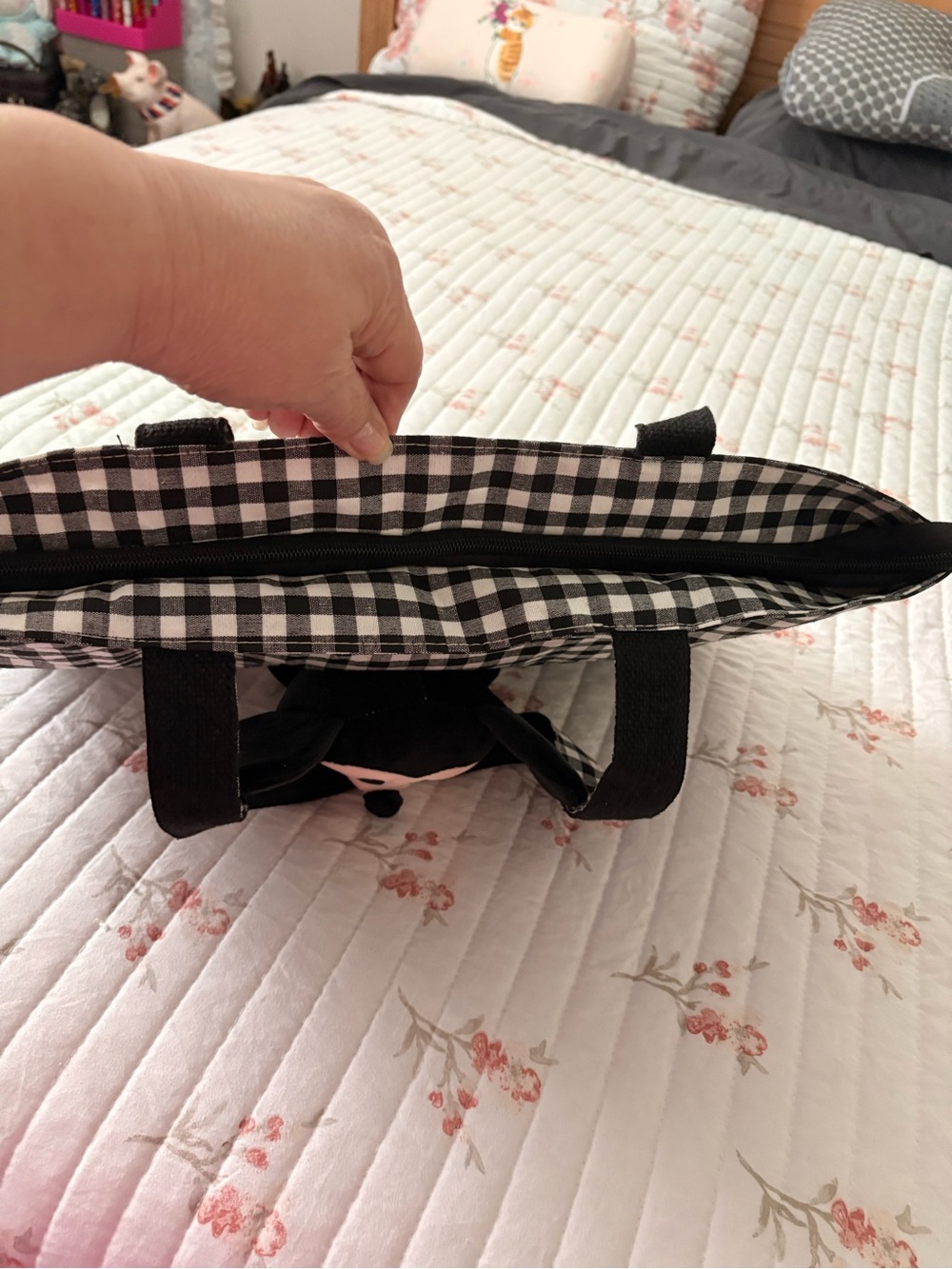 Black & White Gingham Tote Bag with Plush Character Accent - Picture 5 of 5